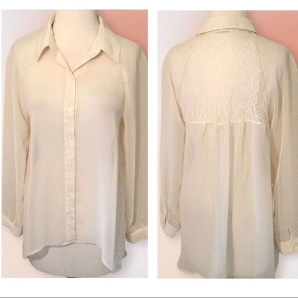 Lauren Conrad Sheer Ivory Blouse With Lace Inset‎ Back Size M - Picture 1 of 12